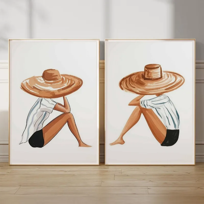 (No frame)Minimalist Summer Woman in Sun Hat Poster Beach Coastal Fashion Chic Holiday Canvas Painting Wall Art for Living Ro