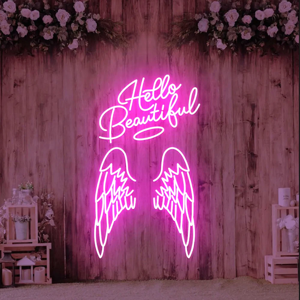 Hello Beautiful Angel Wings With Halo LED Neon Sign Wedding Bedroom Party Art Decor Single Woman Room Wall Decor Night Lights