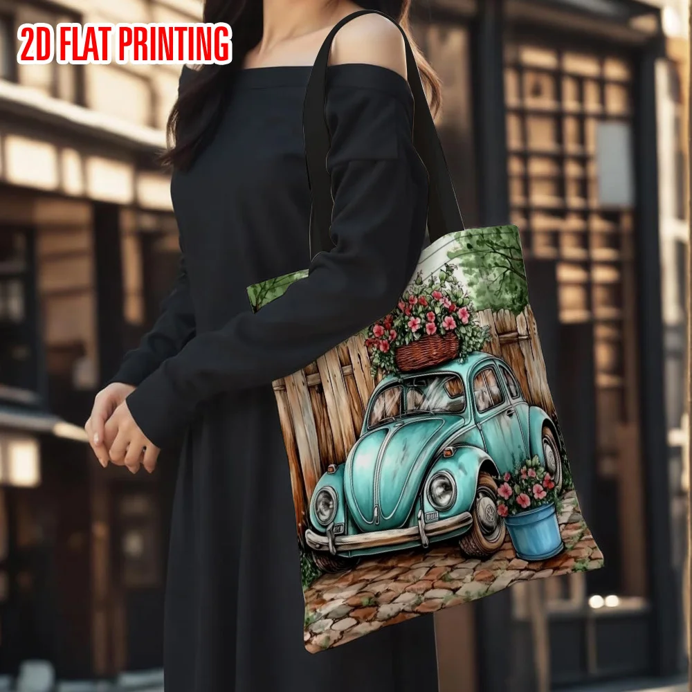 One Printed Shoulder Bag Spacious Tote Featuring A Vintage Car Garden Bloom Design Equipped with Comfortable Straps Pouch