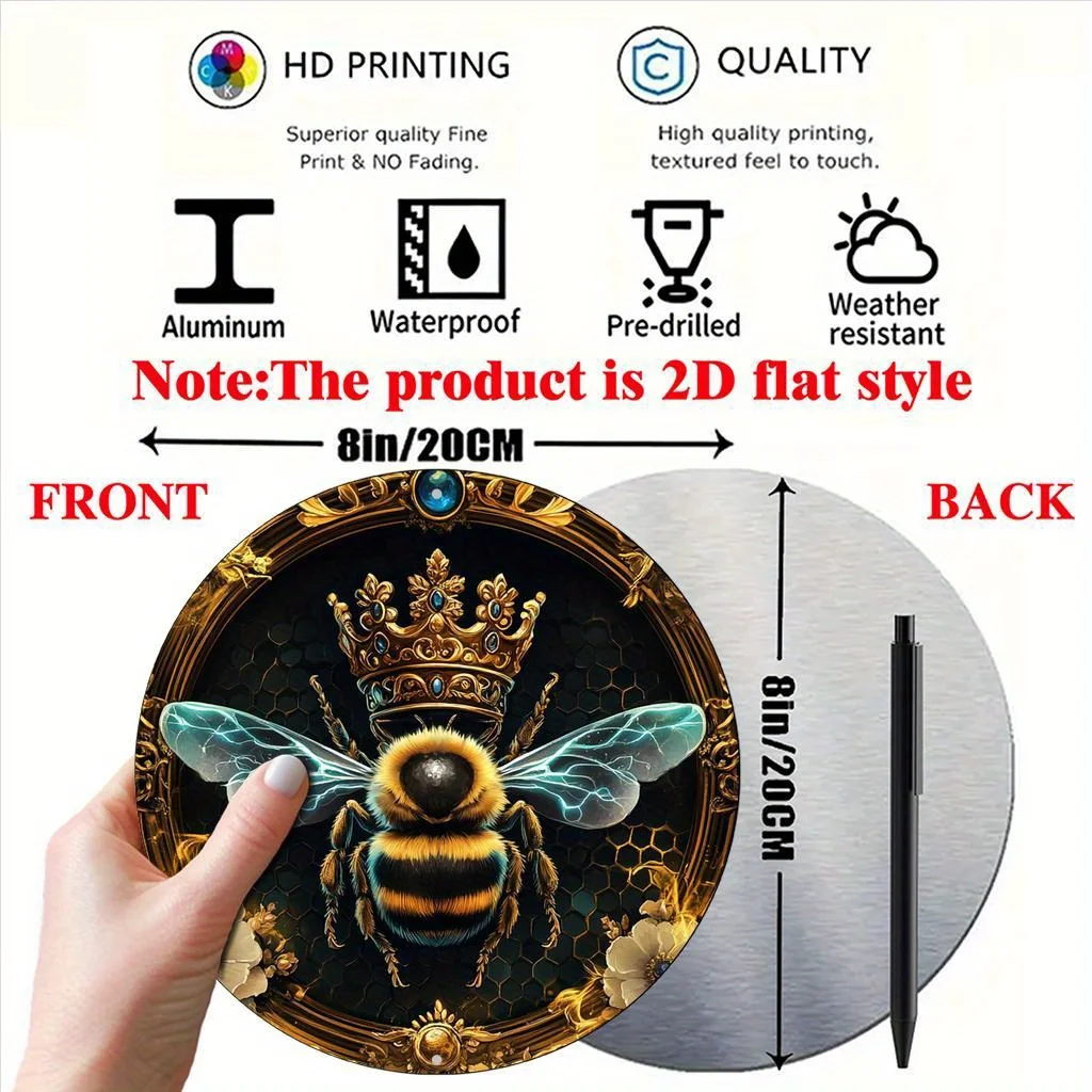 Round Queen Bee Crown 2D Flat Aluminum Sign 20x20cm, Golden Ornate Frame Floral Circular Plaque, Cottage Bedroom Wall Decor Gift
