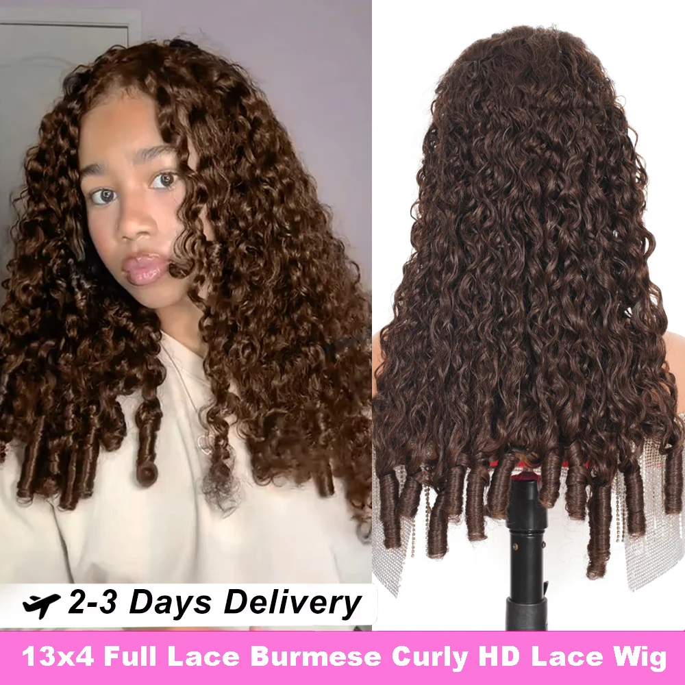 

Шоколадно-коричневые парики из бирманских кудрявых волос Deep Wave, 13x4 HD, с кружевной передней частью, из натуральных человеческих волос, предварительно выщипанные, бразильские, безклеевые фронтальные парики