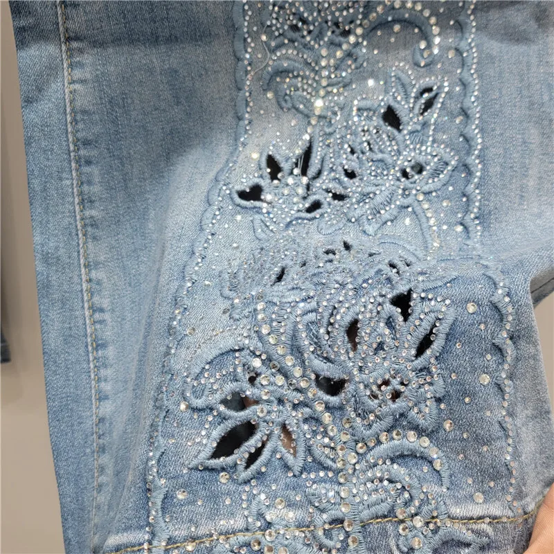 ANJY Autumn Women High Street Lace Diamonds Tide Hollow Out Patchwork Jeans Light Luxury Stretch Versatile Straight Pants A10573