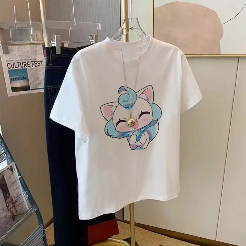 Snow Girl Series Original cartoon heart hugging snow elf print women cotton T-shirt summer loose casual round neck top clothing