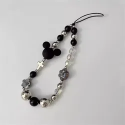 Disney Mickey Mobile Phone Bracelet Lanyard for iPhone Samsung Huawei Xiaomi Case Black Bead Anti-Lost Wrist Strap Bags Keychain
