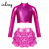 Conjuntos de baile de lentejuelas metálicas para niños y niñas, traje de competición de baile de Jazz de Hip Hop, Top corto con falda, Ropa de baile de rendimiento de escenario