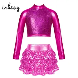 Kids Girls Metallic Sequins Dance Sets Hip Hop Jazz Dance Competition Costume Crop Top with Skirt Stage Performance Dancewear