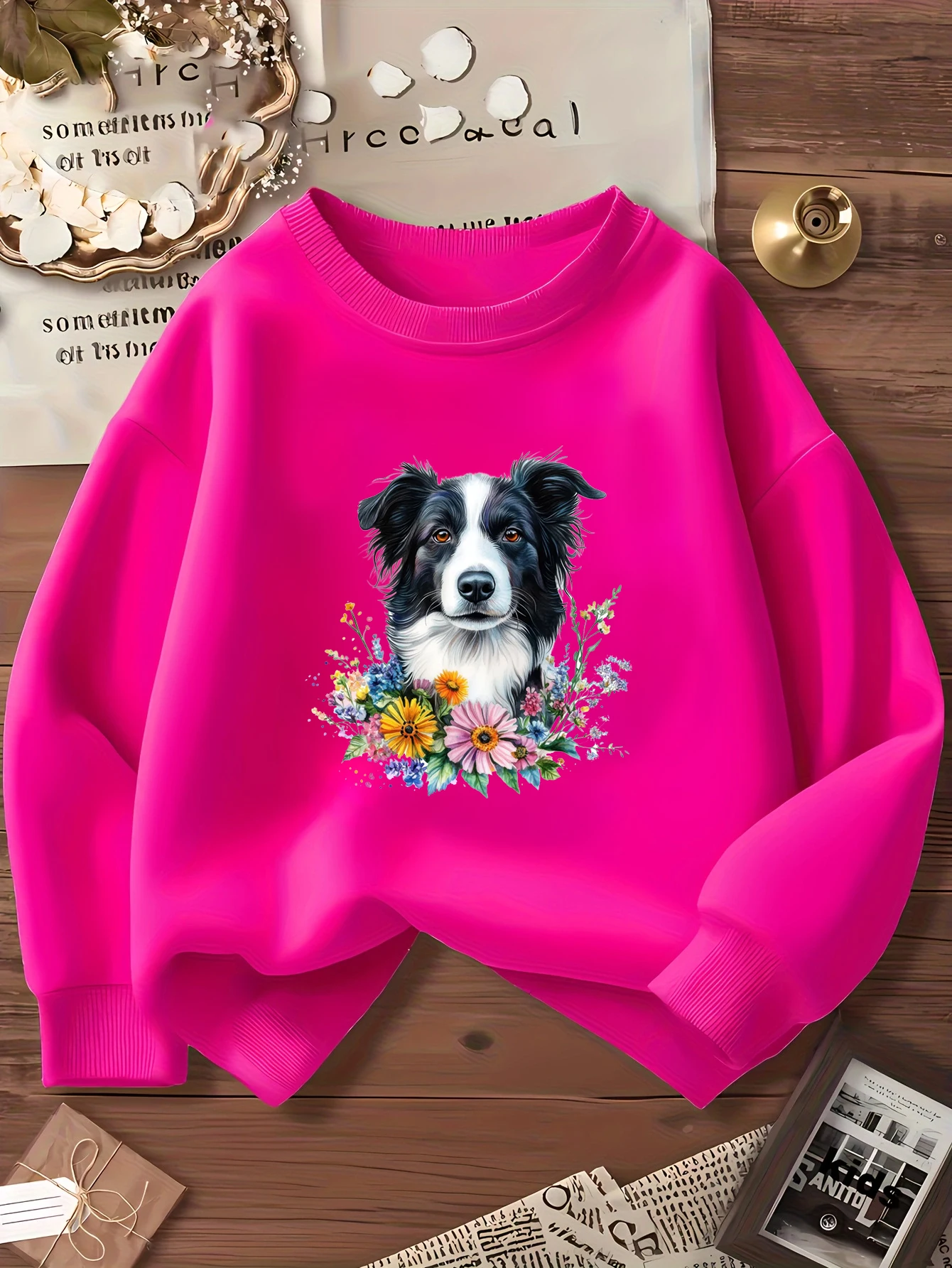 Girls' Rose-Pink Border Collie Sweatshirt – Watercolor Wildflower & Puppy Cartoon Long-Sleeve Pullover