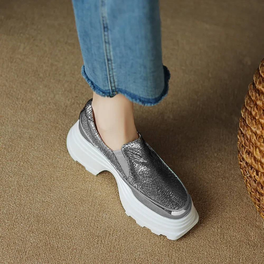 6cm Sheepskin Genuine Leather Fashion Sneakers Casual Spring Summer Autumn Gold Silver Chunky Loafers Women Flat Platform Shoes