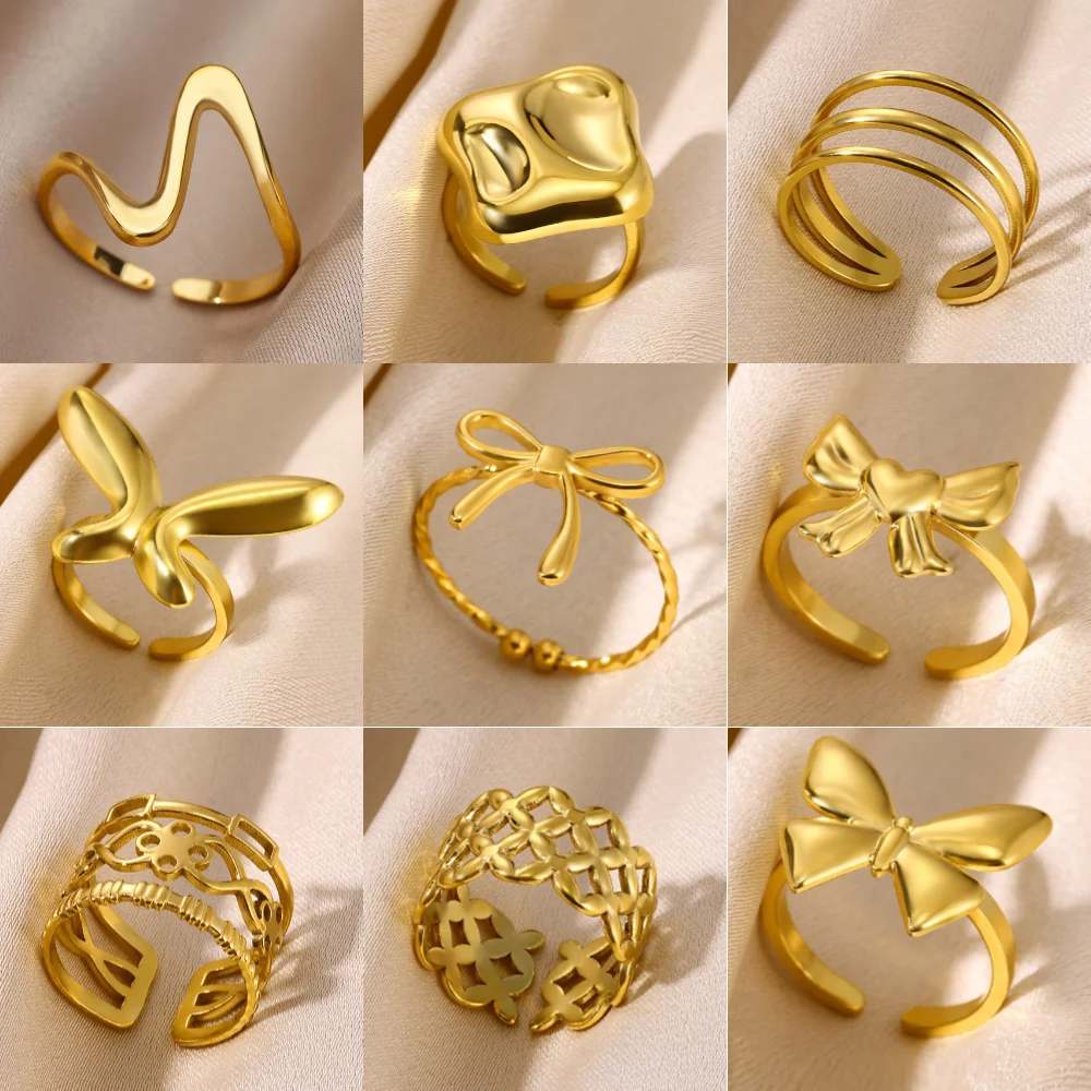 Trendy New Bow Open Rings For Women Gold Color Stainless Steel Geometric Butterfly Ring Finger Jewelry Party Daily Bague Gift