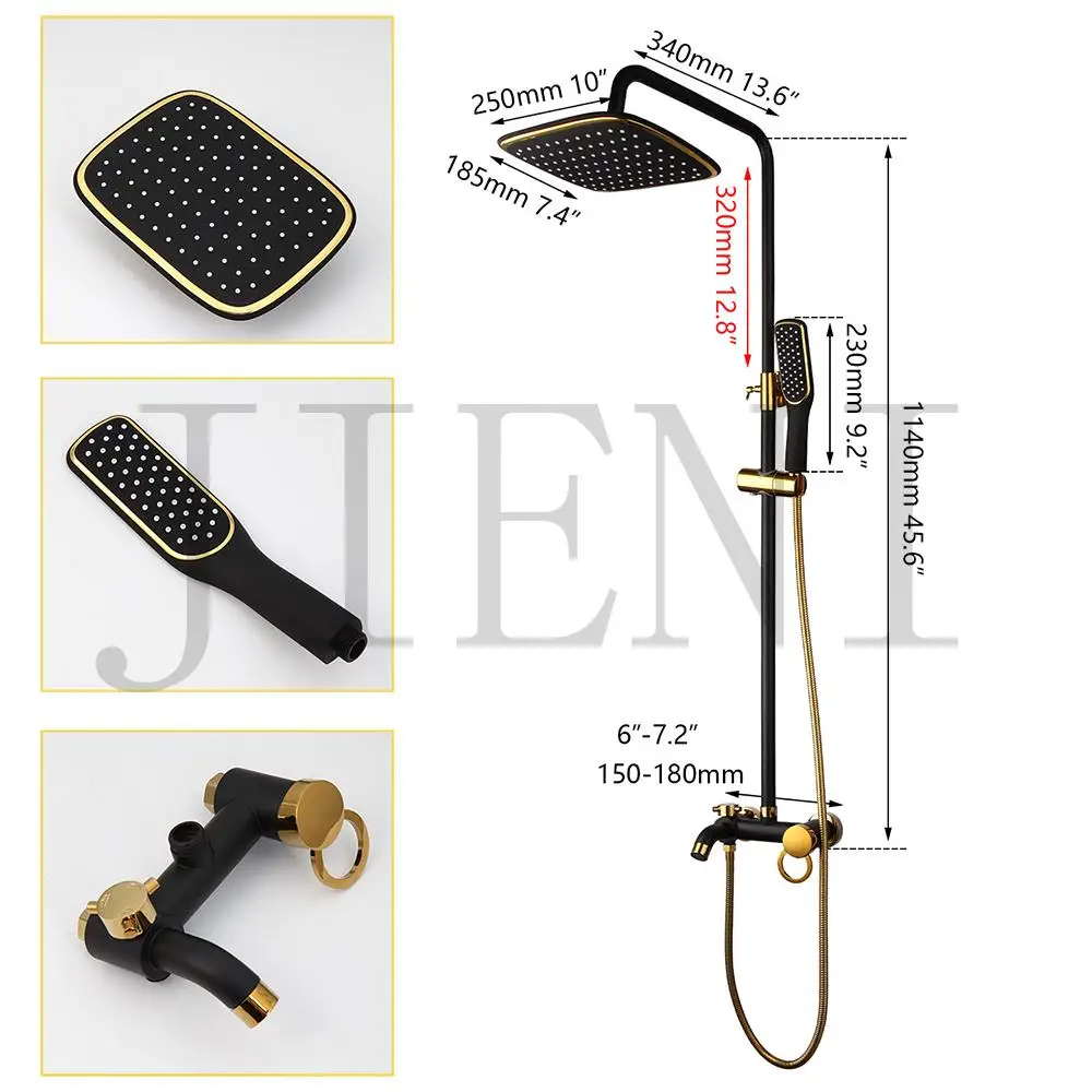 JIENI 8 Inch Black Golden Bathroom Rainfall Shower Head System Bath & Shower Faucet Mixer Shower Set W/ Hand Spray Tap Set