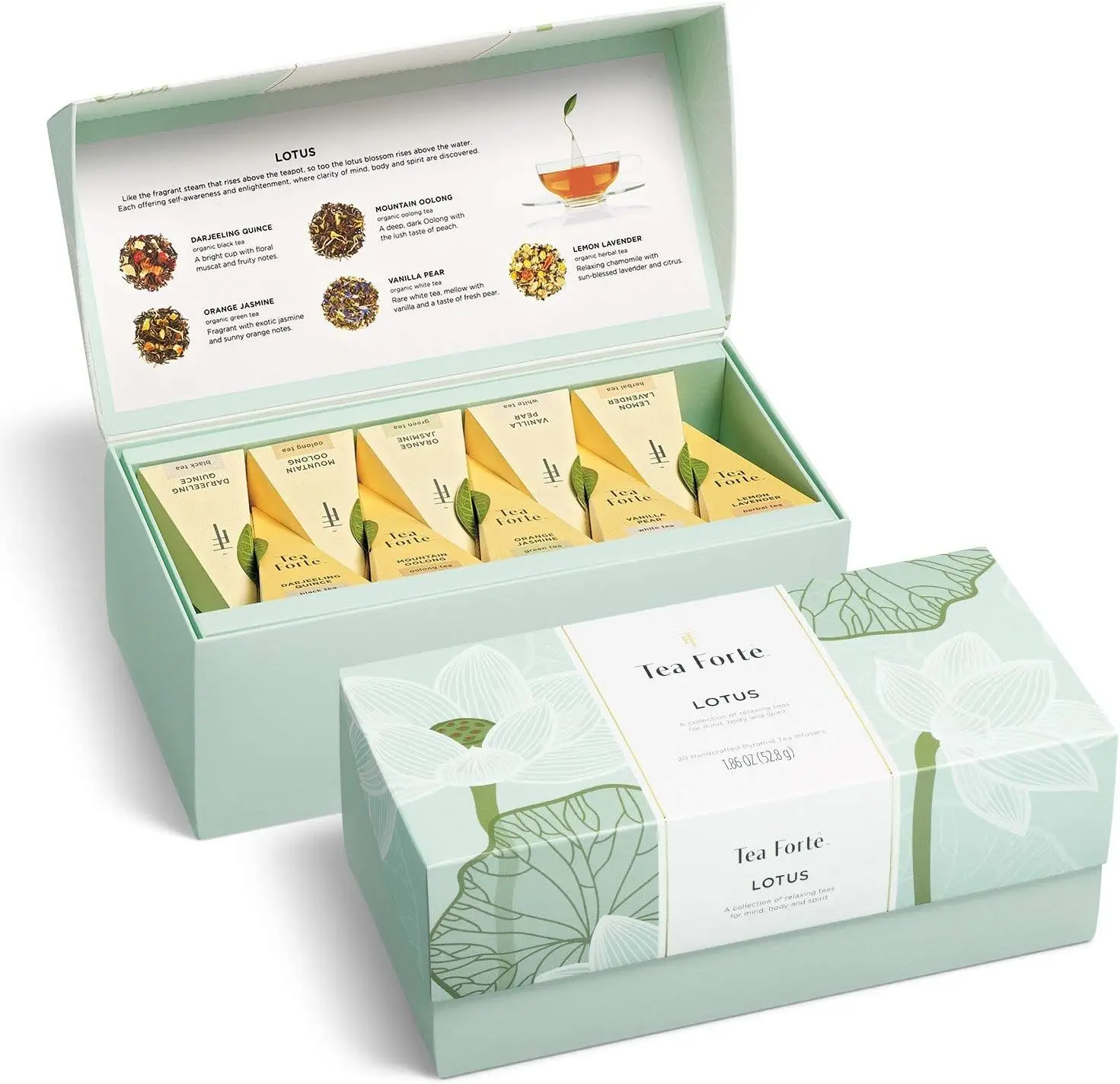 

Lotus Presentation Box Tea Gift Set Sampler, 20 Assorted Variety Handcrafted Pyramid Infuser Bags, Black, Green, Oolon