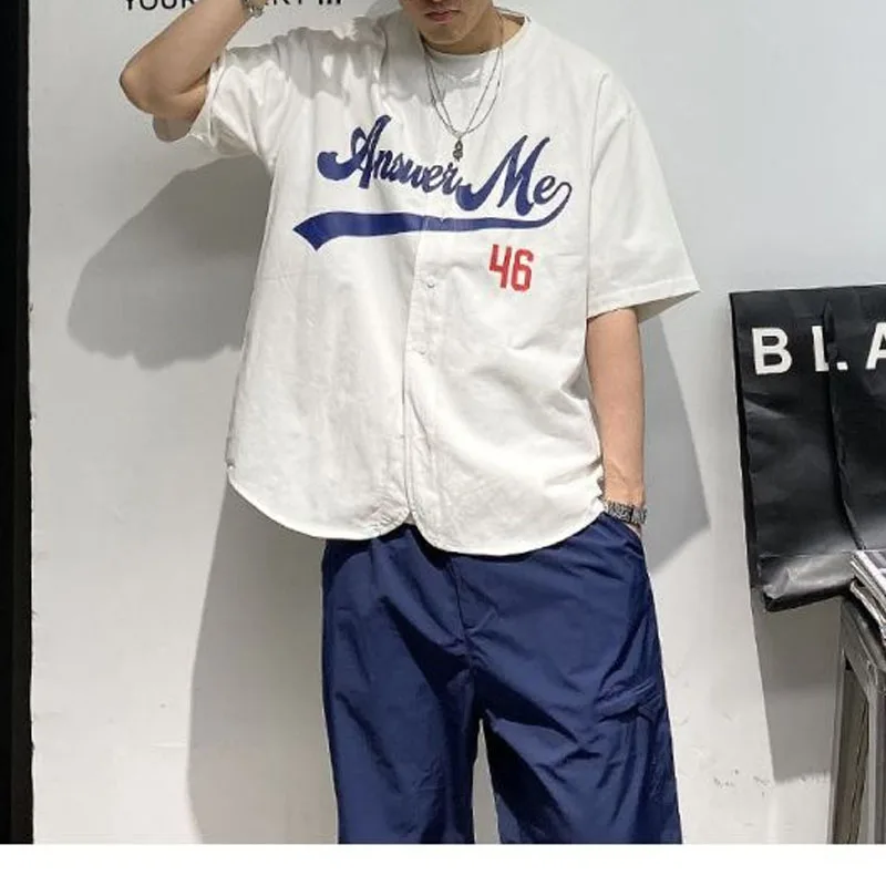 2024 Summer New Men's Coats Short Sleeve Crew Neck Button Letter Printed Trendy Fashionable Loose Comfortable Casual Tops