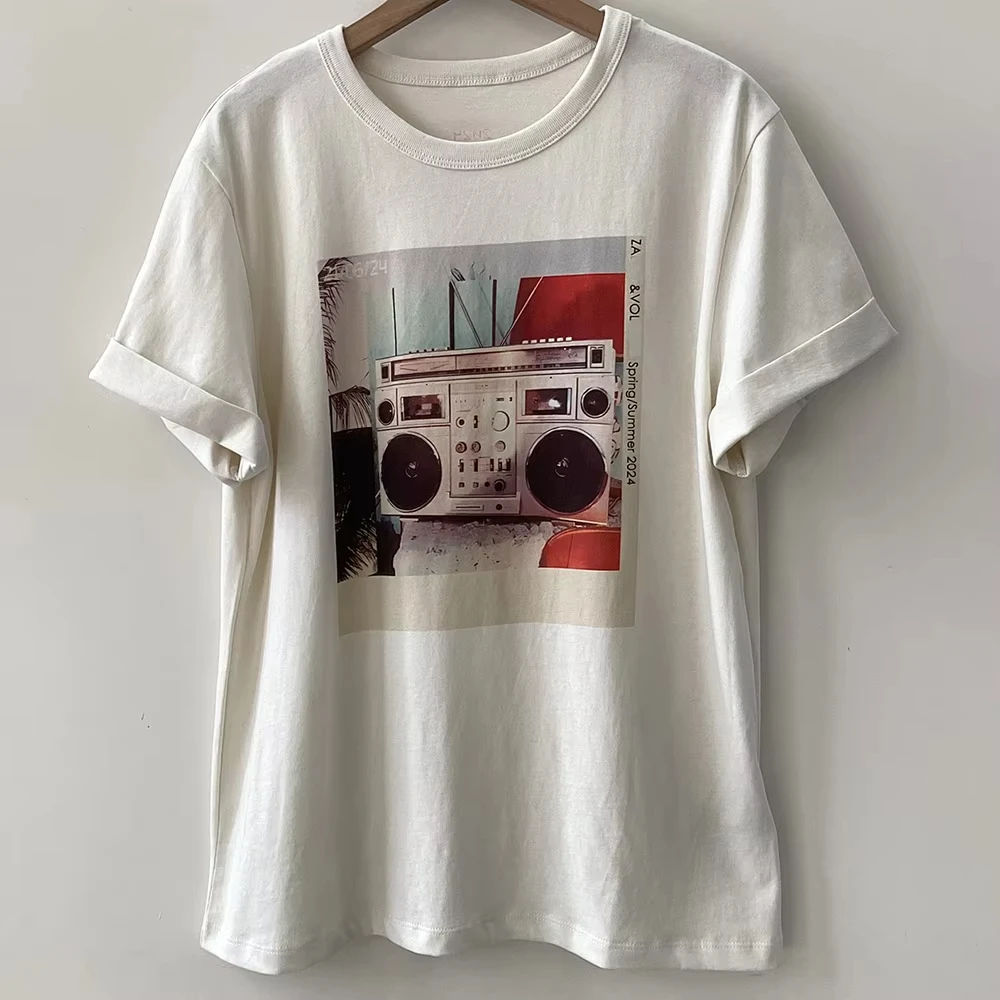 

Summer New North American Niche Letter Radio Sound Print Rolled Sleeve Women's Short Sleeve T-Shirt