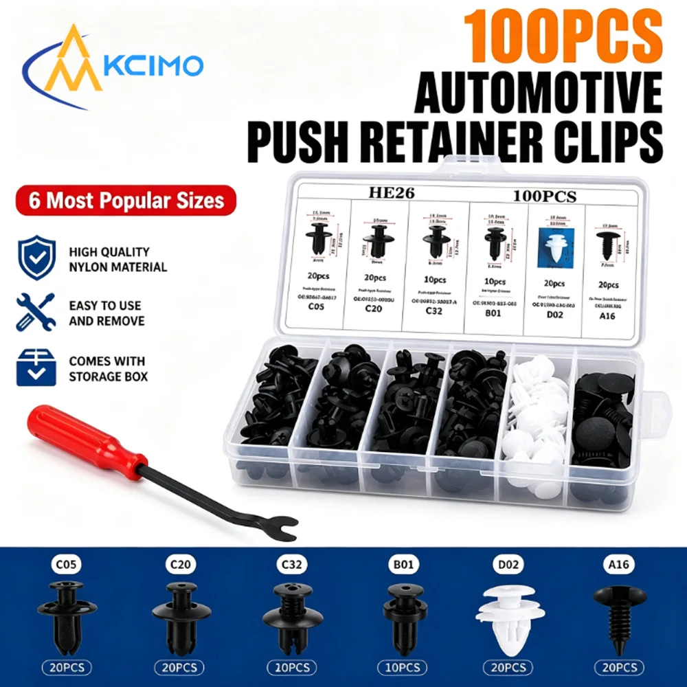 Kcimo Assorted 100Pcs Auto Body Plastic Push Clips Universal Bumper Fender Retainer Rivets Car Interior Exterior Repair Kit