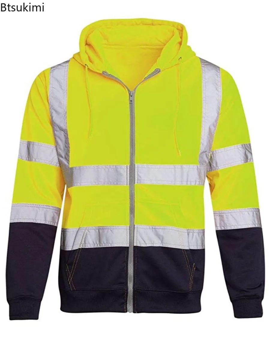 Zippered Hoodie Construction Worker Coat High Visibility Reflective Safety Hoodie for Night Shift Workers 360 Degree for Running