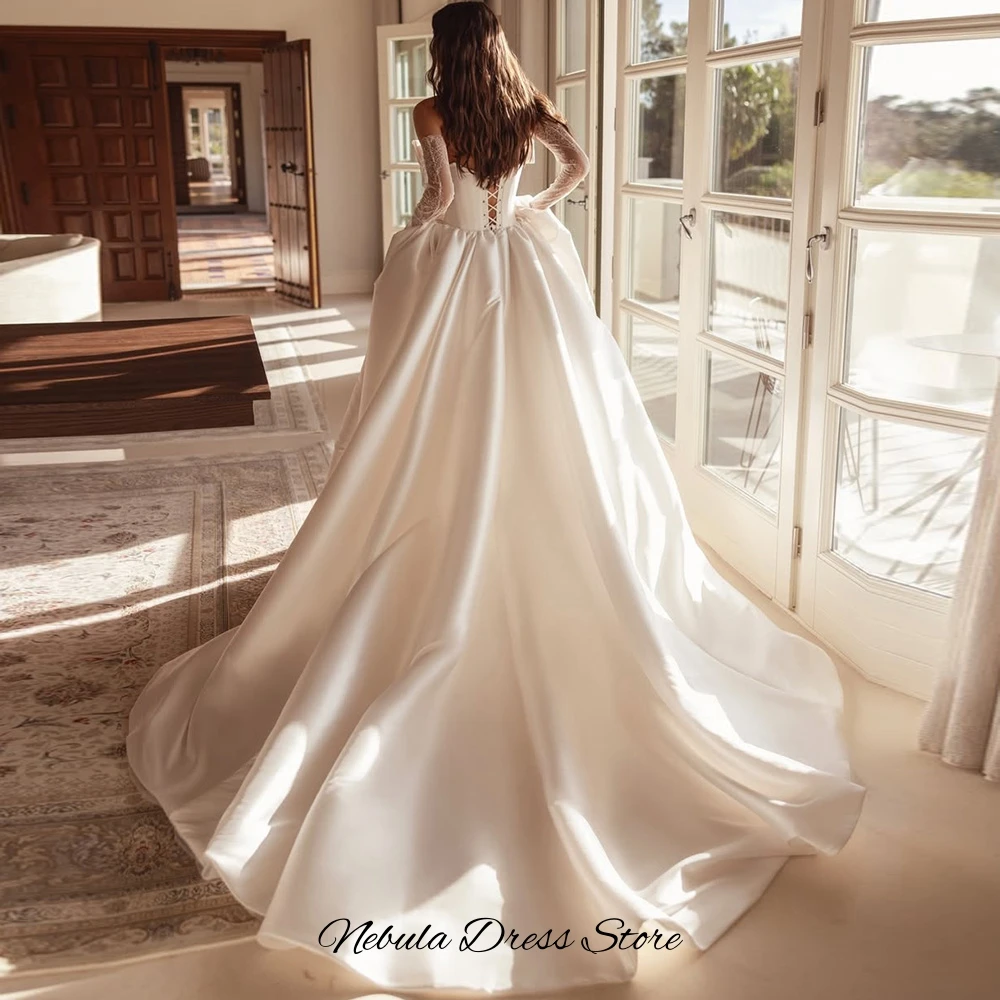 Dreamy Strapless A-Line Bridal Gowns Ruched Satin Customized Wedding Dress Modern Sleeveless Lace Up Back Vestido De Novia
