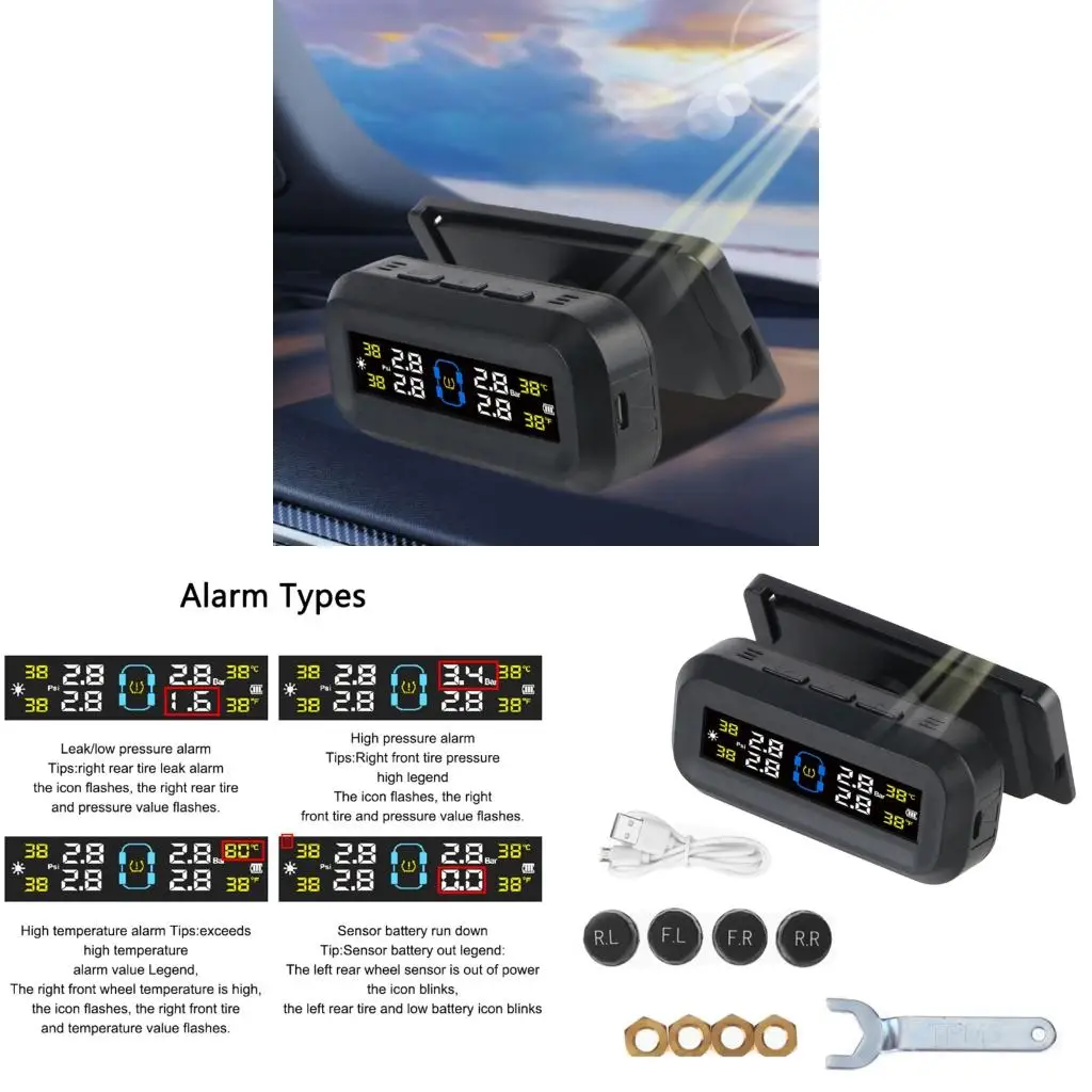 

Система мониторинга давления в шинах, с 4 датчиками TPMS, USB Solar Divence Diples Dives and Dempret