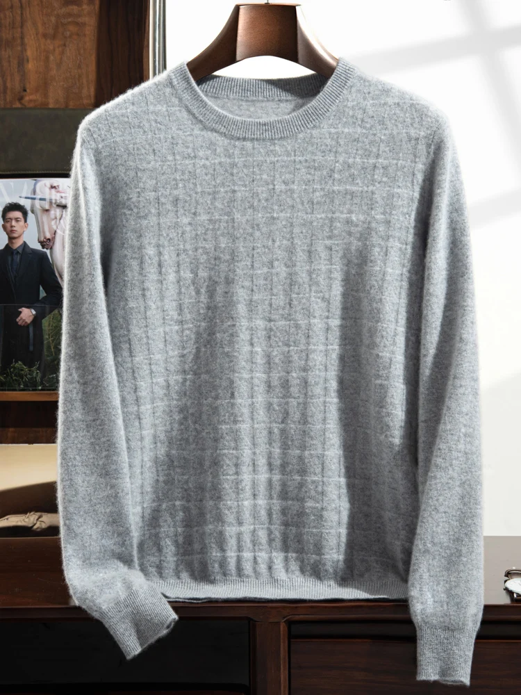 سترة رجالية من الكشمير برقبة دائرية ، بلوفر منسوج ، جاكار غير رسمي ، قميص مربع القاعدة ، ملابس فضفاضة عالية الجودة ، نقي ، خريف