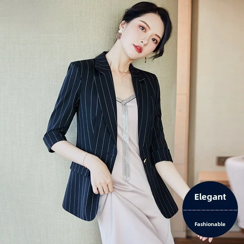 

Summer Thin Seven-Quarter Sleeve Striped Suit Jacket Women's Casual Top High-End Feeling Small Size Short Pants Set
