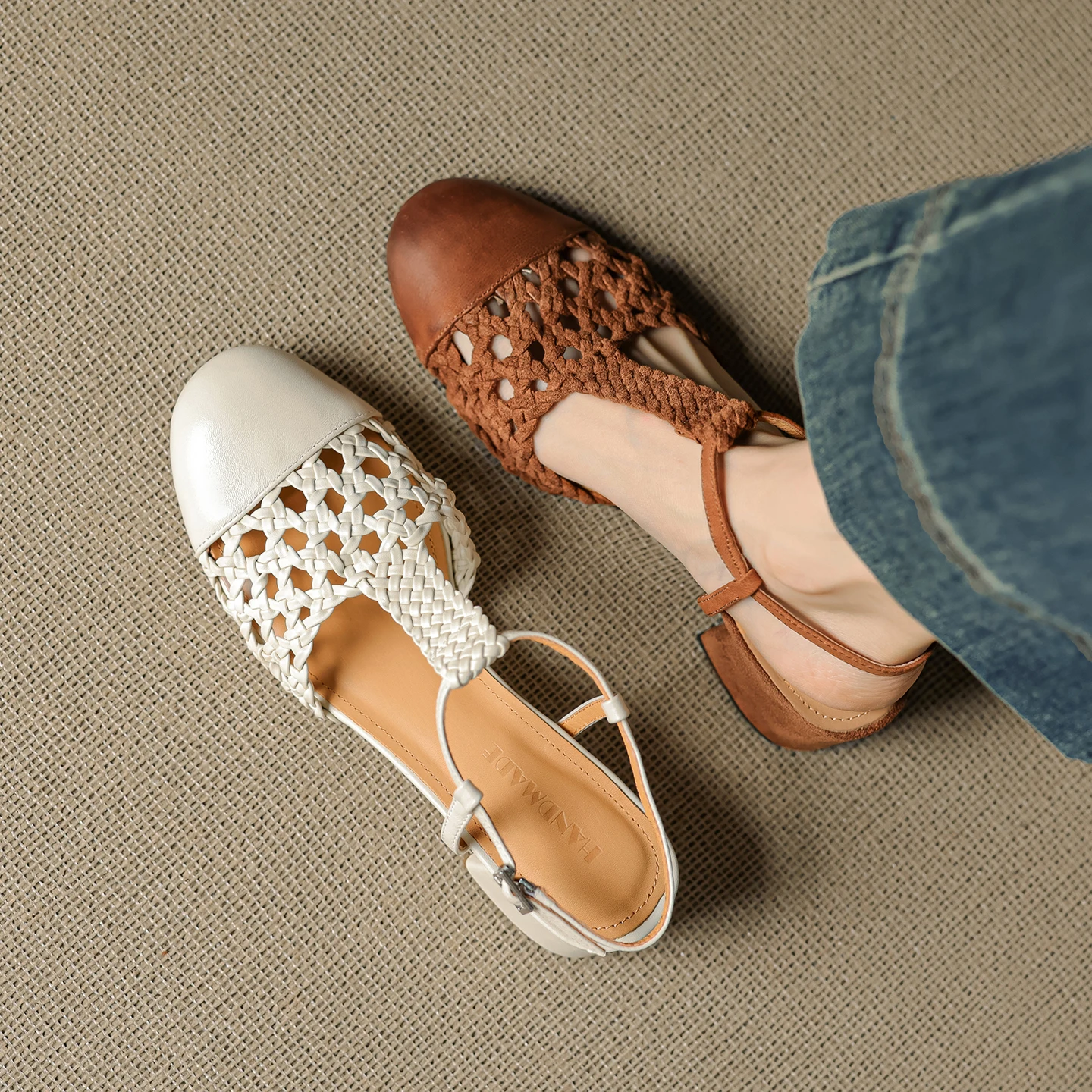 2026 new summer women sandals natural leather 22-25cm washed sheepskin+cowhide+pigskin round toe ankle buckle women shoes