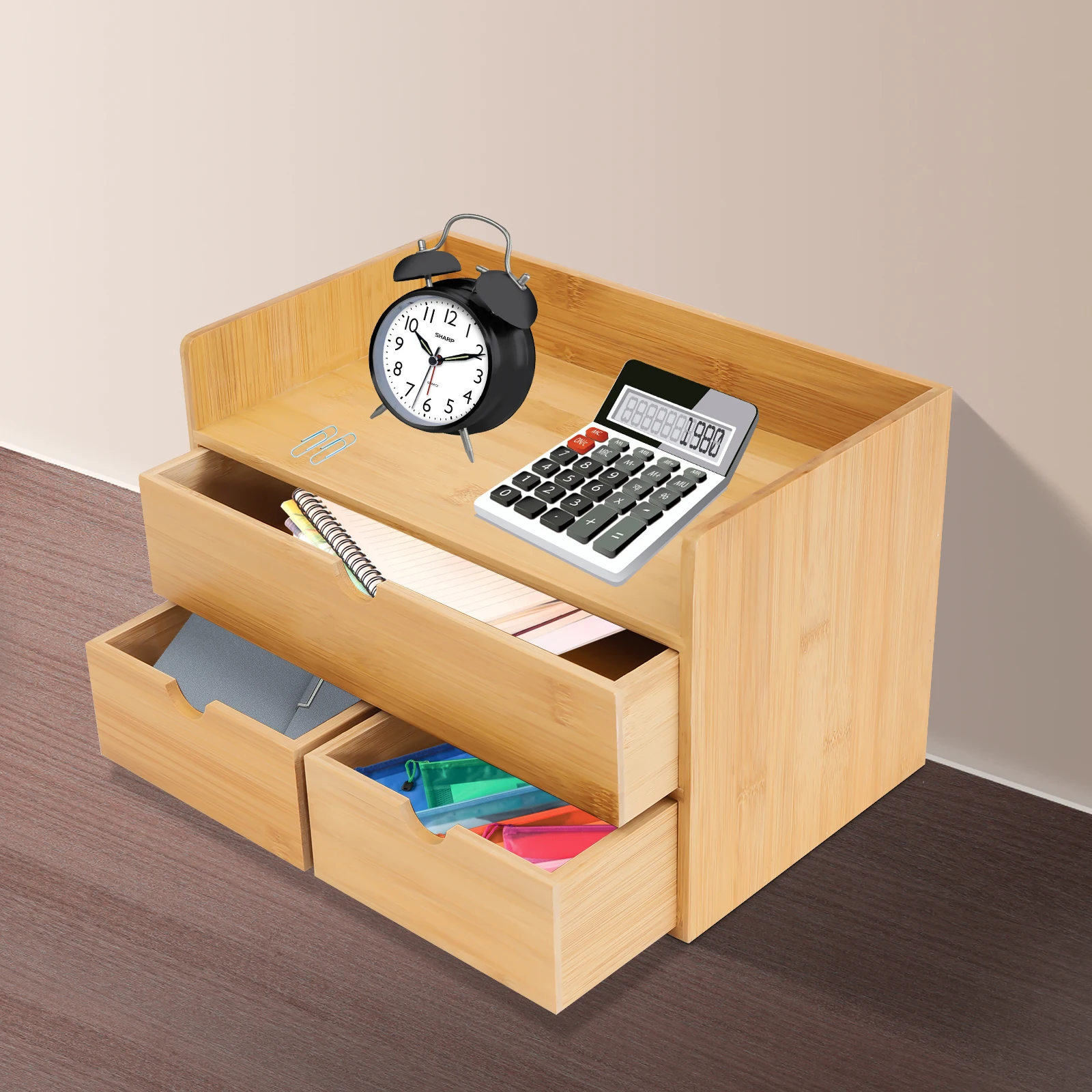 Bamboo Desk Organizer W/ 3 Drawers Tabletop Cosmetic Storage Simple Design For Stamps, Notes, Paper Clips, Scissors, Bills, etc