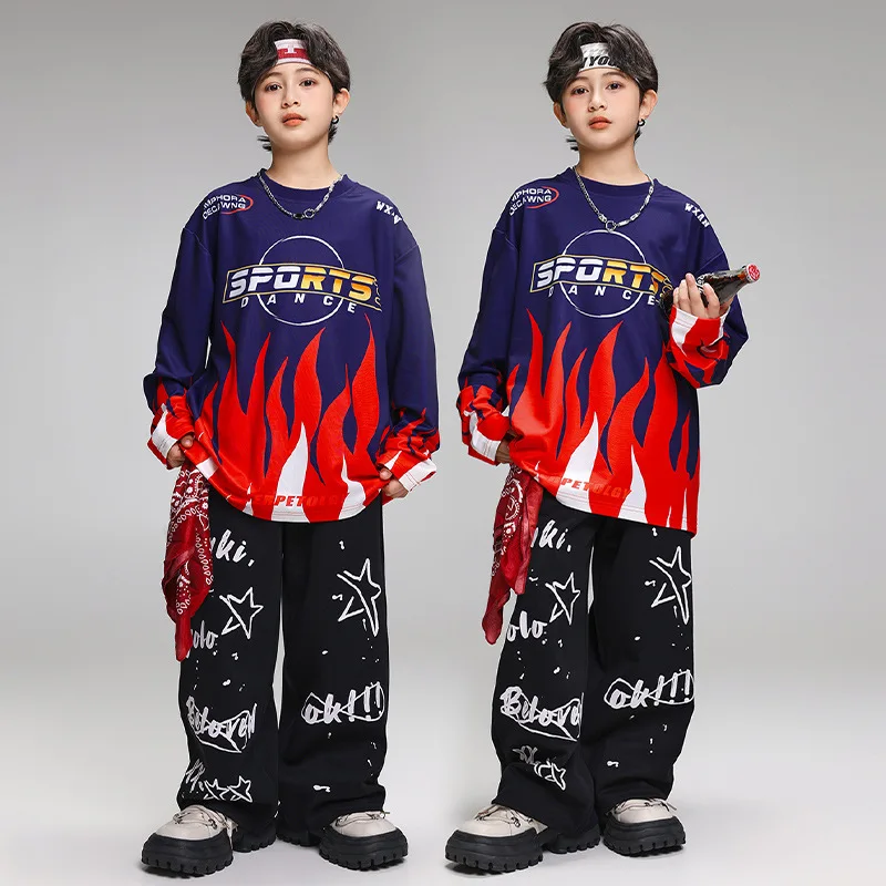 Kid Cool Hip Hop Clothing Navy Blue Flame Sweatshirt Top Black Casual Print Sweat Pants for Girl Boy Jazz Dance Costumes Clothes