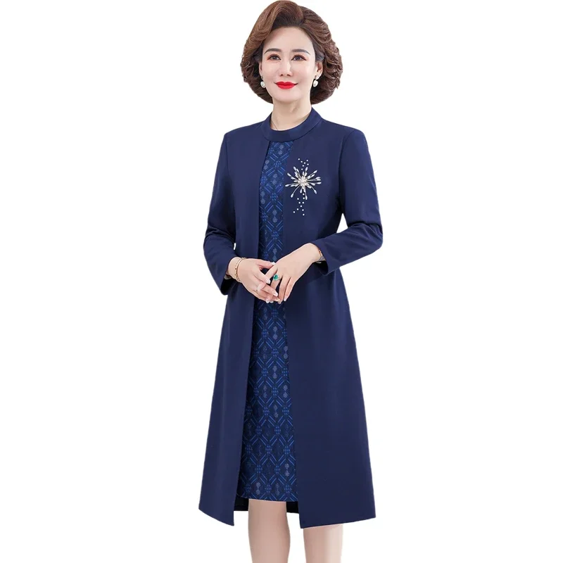 

Mother Dress Spring Autumn Fake two pieces Dress Cardigan Women Party Midi Dresses Elegant Robe Middle-age Female Vestides ZT142