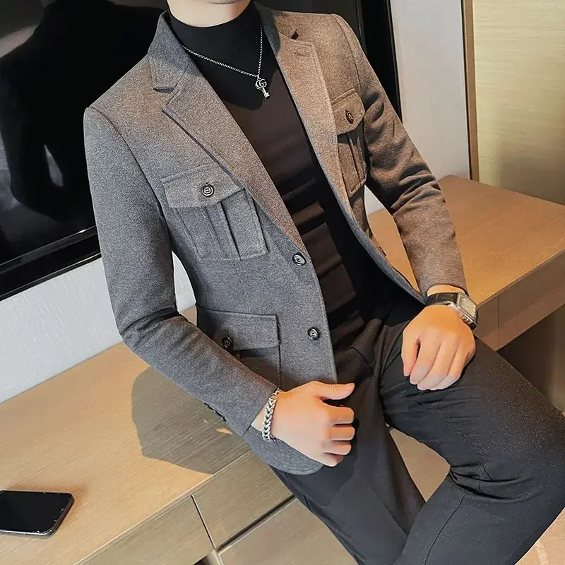 Tweed Male Blazer Coat Short Cropped Single Breasted Men\'s Suit Jackets Original Fashion 2024 Simple Clothing High Quality New