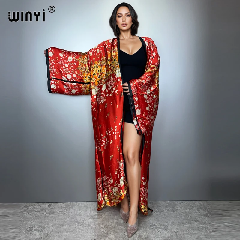 

WINYI print boho kimono maxi beach wear cover up holidayparty dress abaya dubai luxury muslim woman fashion open front kaftan