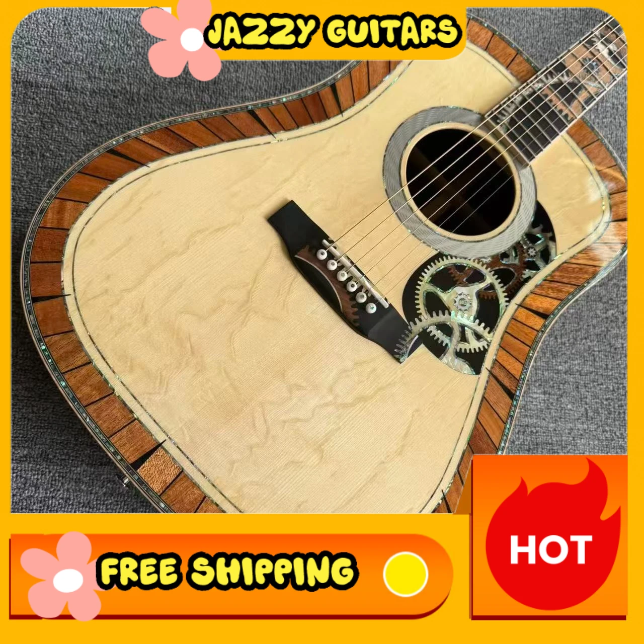 D200 Steampunk Gear Inlay Akustikgitarre mit Bearclaw-Fichtendecke und Abalone-Binding für Folk & Fingerstyle – Kostenloser Versand