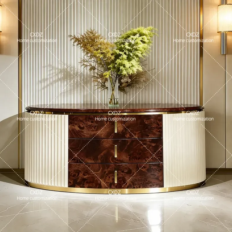 Light Luxury Burl Wood Bucket Cabinet Solid Wood Carved Storage Sideboard for Villa Living Room Porch Entrance Hallway