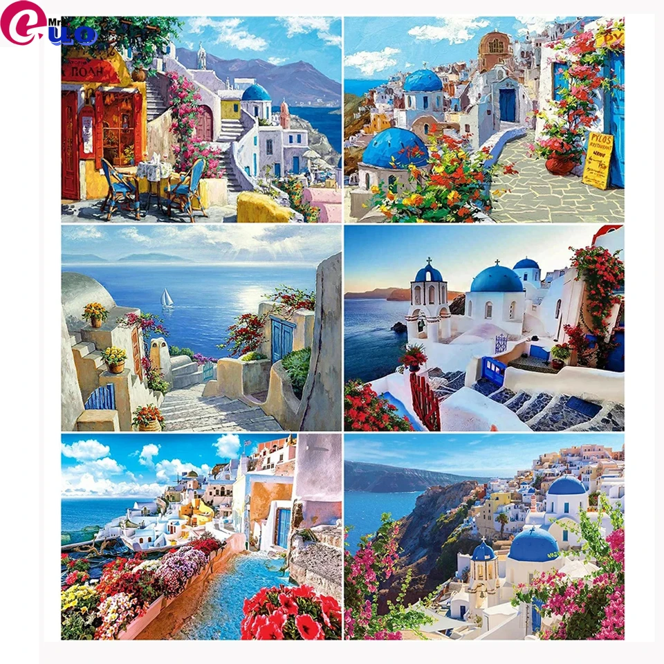 5D DIY Full Diamond Mosaic Greece Santorini Island  Town Scenery Picture Embroidery Living Room Decor Home Diamond Painting Kits