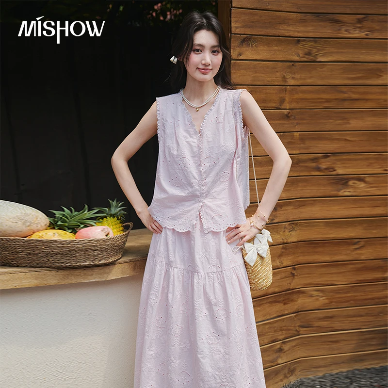 

MISHOW 100% Cotton Eyelet Embroidery 2 Pcs Sets Summer V Neck Ruffle Sleeveless Vest High Waist A Line Midi Skirt Set MXF28T1684