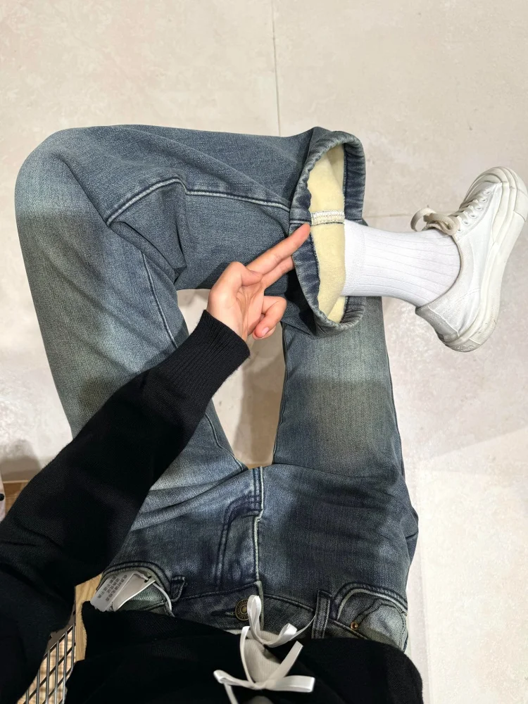 

Женские расклешенные джинсы на подкладке с высокой талией, удобные джинсовые брюки Bootcut, повседневная одежда, зимний сезон, дышащие мягкие