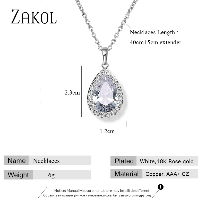 ZAKOL Trendy Water Drop Zircon Chain Pendant Necklaces Sparkling Tear Simple Zirconia Crystal Wedding Jewelry For Women FSNP3002