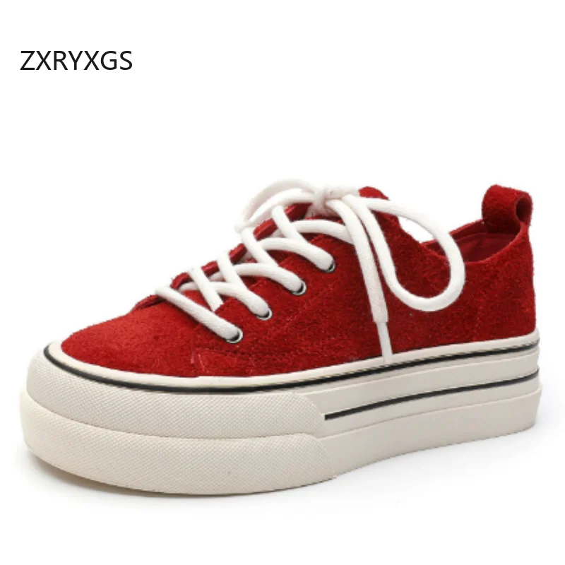 ZXRYXGS Head Layer Frosted Cowhide Women Sneakers Single Shoes Elevator Non-slip Platform Sneakers Trendy Shoes New Lace-up 2025