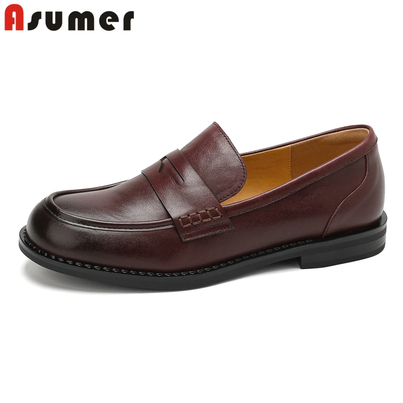 

ASUMER Size 34-42 New Genuine Leather Flats Women Loafers Round Toe Handmade Spring Summer Retro Ladies Office Dress Shoes