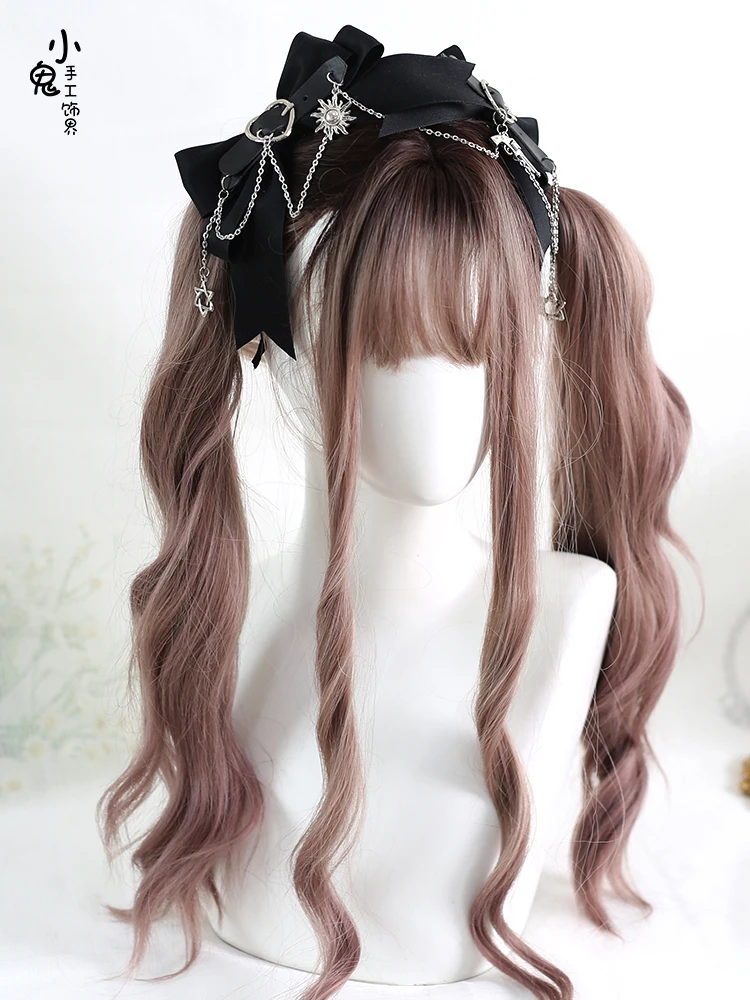 Original Handmade Lolita Dark Doll Double Hair Accessory for Ponytail Gothic Chain Love Hairpin a Pair of Hairclips Headband