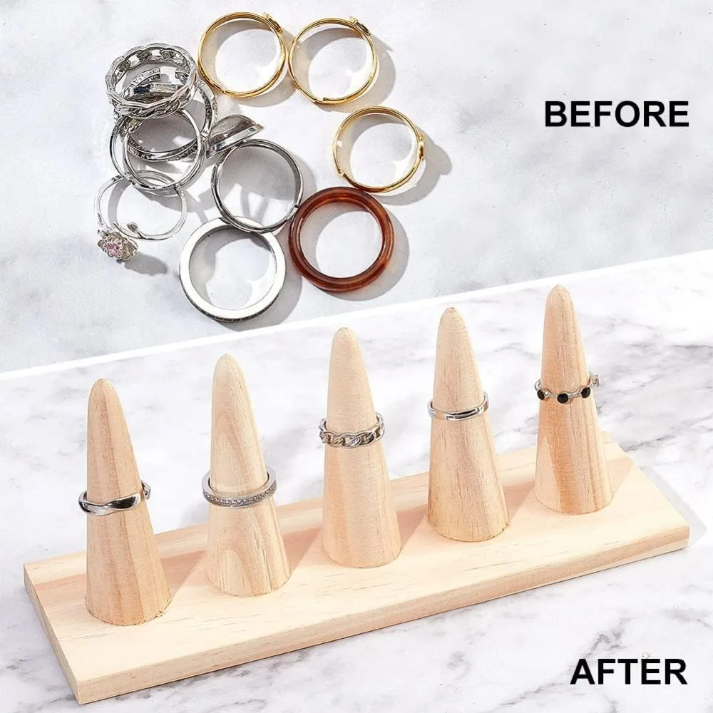 Wooden Ring Holder, Cone Shape Ring Organizer Finger Ring Display Stand Jewelry Showcase for Women Retail Exhibition Jewelry