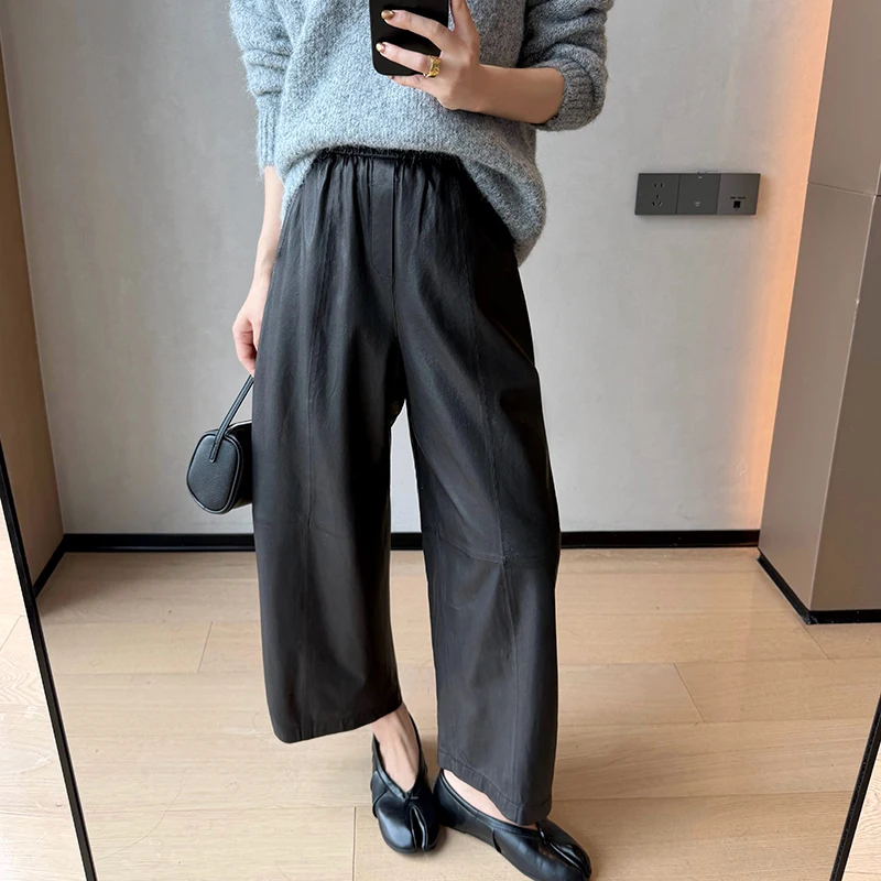 Genuine Leather Wide Leg Pants Woman Spring Autumn Versatile Loose Elastic Waist Ankle Length Casual Curved Leg Trousers Soft