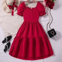 6 8 10 12 Years Summer Girls Dress 2024 Elegant Retro Style Solid Color Backless Princess Dress For Teen-agers Kids Casual Dress