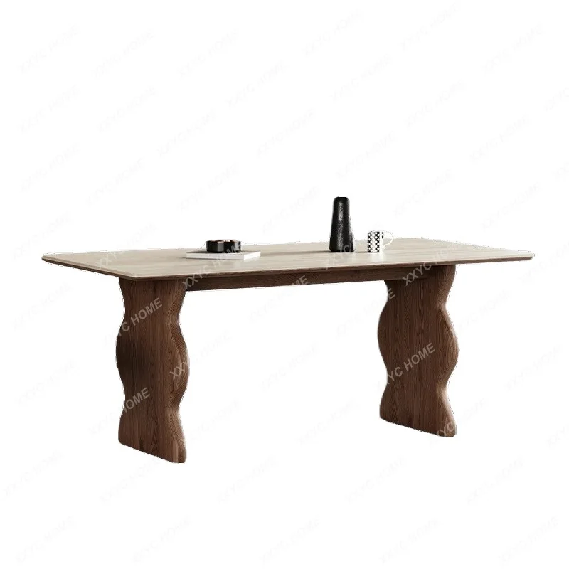 

Обеденный стол для дома и гостиной, элитный, из массива дерева, с антикварными стульями, прямоугольный, с каменной столешницей под гранит/камень.