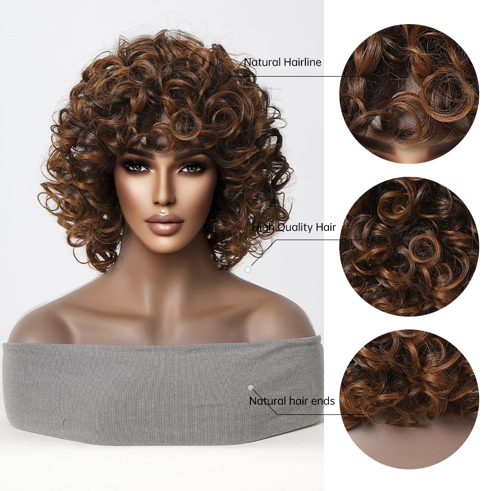Synthetic Short Brown Bounce Curly Wigs for Black Women Afro Fluffy Natural Wigs with Bangs Natural Daily Heat Resistant