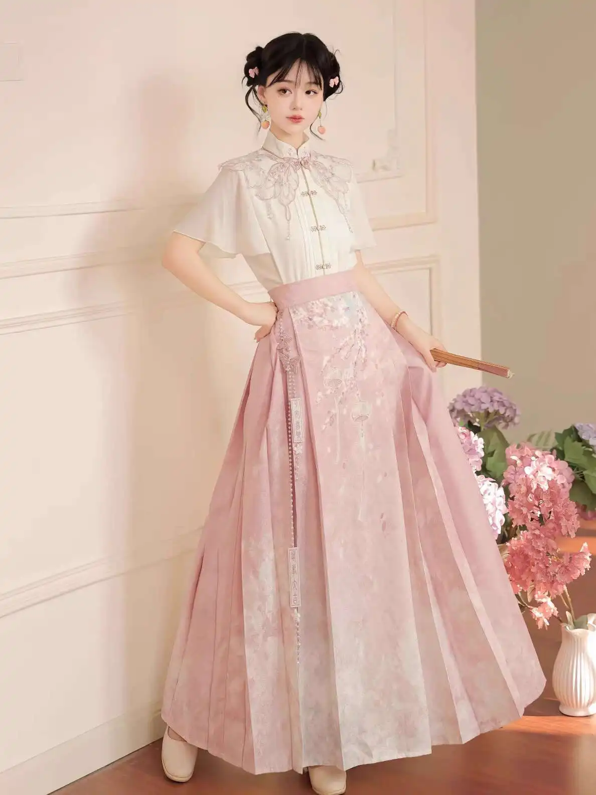 

Новый китайский стиль Hanfu, повседневная рубашка для молодых девушек Guofeng Han Elements, юбка с конским лицом, розовая рубашка с облаками на плечах, Хэллоуин, косплей