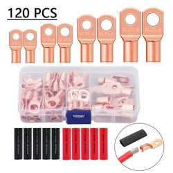 120Pcs copper wire lug AWG2 4 6 8 10, 60Pcs battery cable ring terminal connector, with 60Pcs heat shrink tube combination kit
