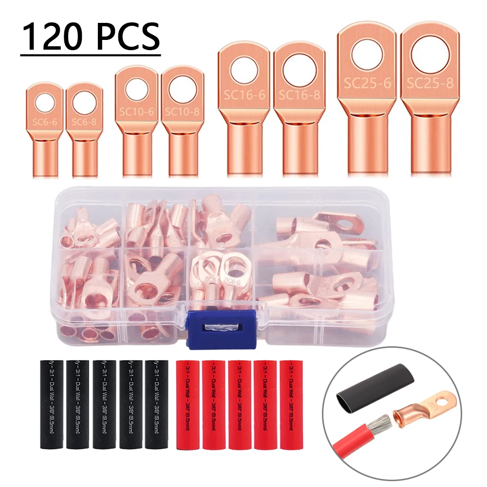120Pcs copper wire lug AWG2 4 6 8 10, 60Pcs battery cable ring terminal connector, with 60Pcs heat shrink tube combination kit