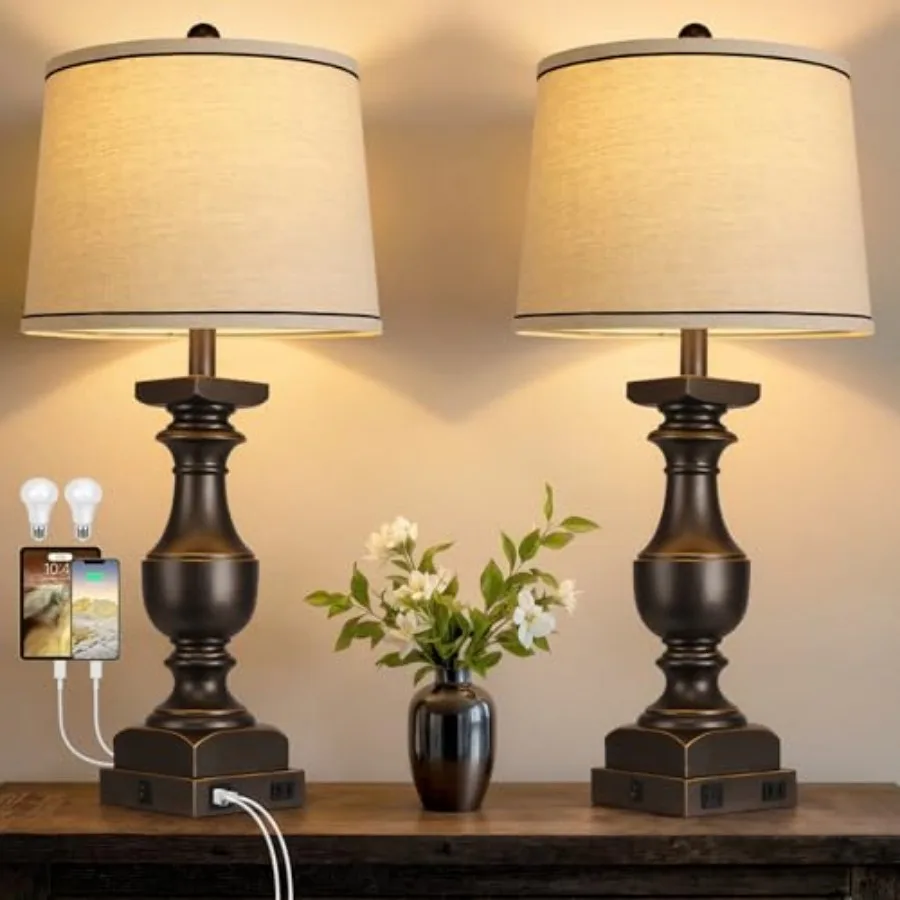 

28'' Farmhouse Bedside Lamps Set of 2, Black Gold Table Lamps for Nightstand, Desk Lamps with Linen Shades, Table Lamps with US