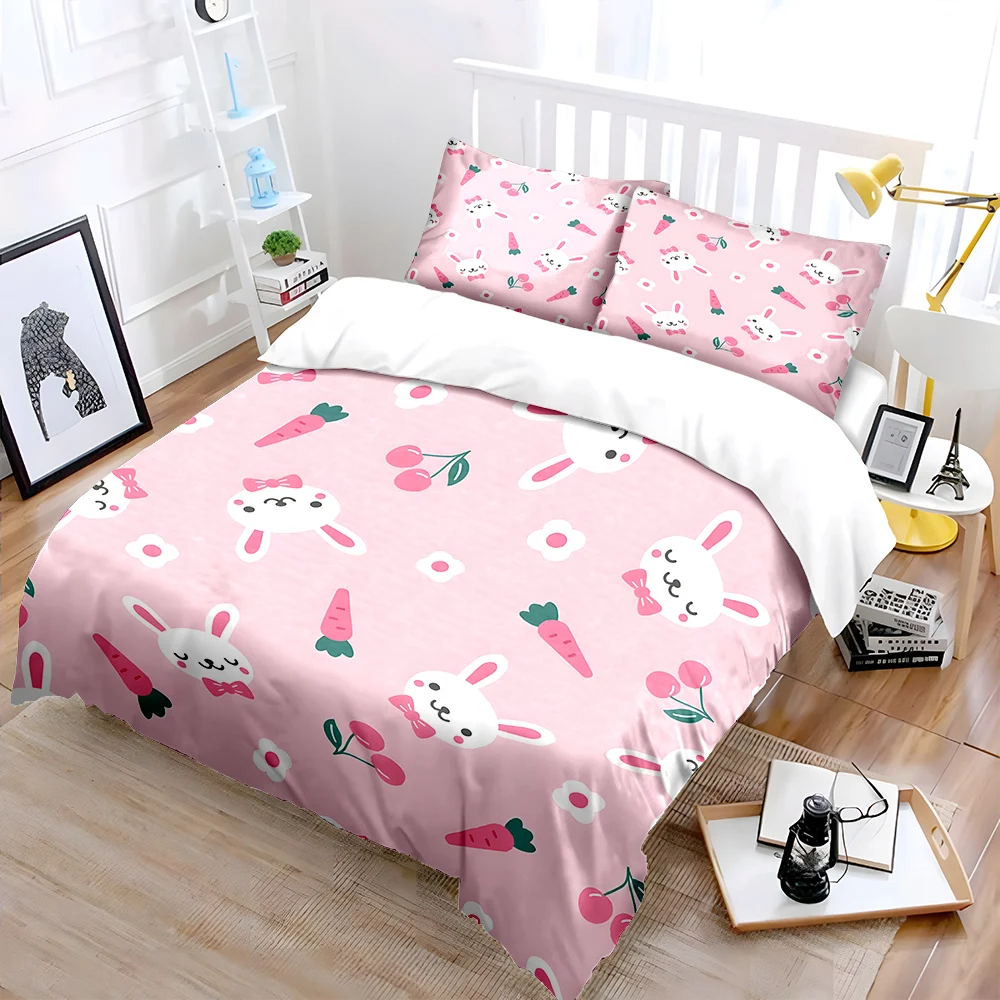 Cute bunny cherry carrot pink pattern Bedding Set 1 Duvet Cover 2 Pillowcases for Adult and Children Luxury Gift Full Size
