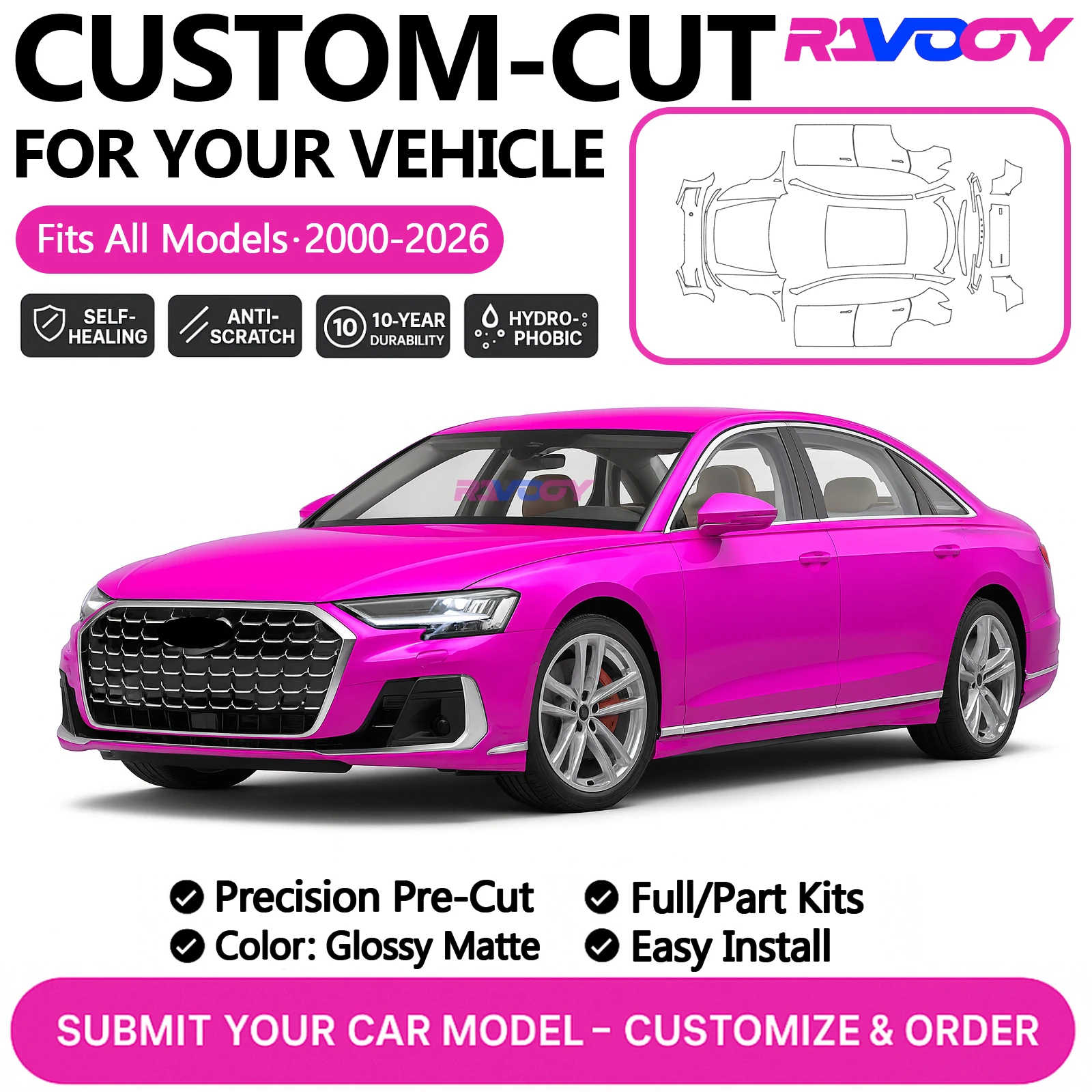 

Custom Precut PPF Kit For Audi RS3 RS4 Avant RS6 S5 S6 S7 S8 2024–2026 Paint Protection Film TPU Gloss Matte Full car kit Doors