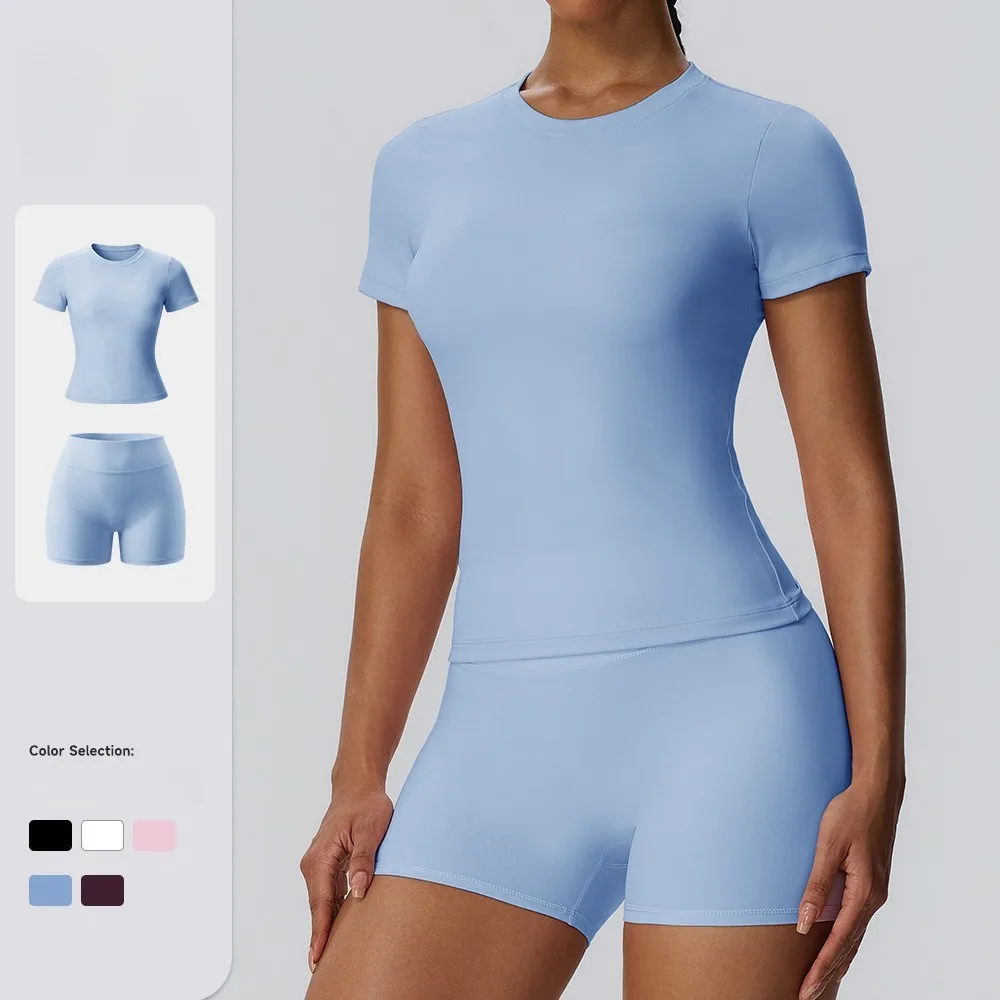 Women 2 Pieces Yoga Set Double Brushed Fabric Short Sleeve Top High Waist Yoga Leggings Fitness Running Workout Sportswear